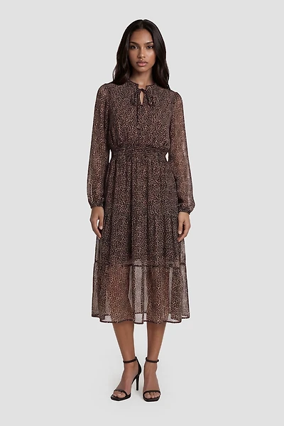 Long Sleeve Tie Up Neckline Midi Dress - Brown