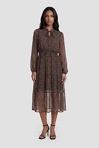 Long Sleeve Tie Up Neckline Midi Dress - Brown