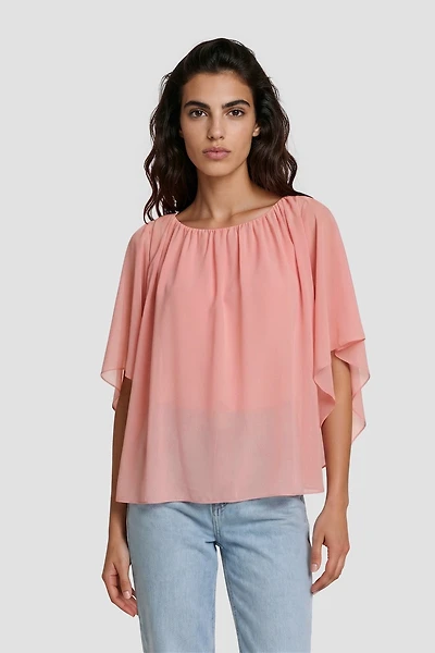 Flutter Sleeve Boat Neck Top - Pink