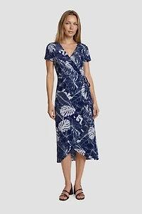 Printed Wrap Midi Dress - Navy