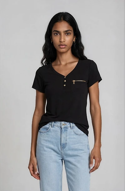 Short Sleeve Zip Henley - Black