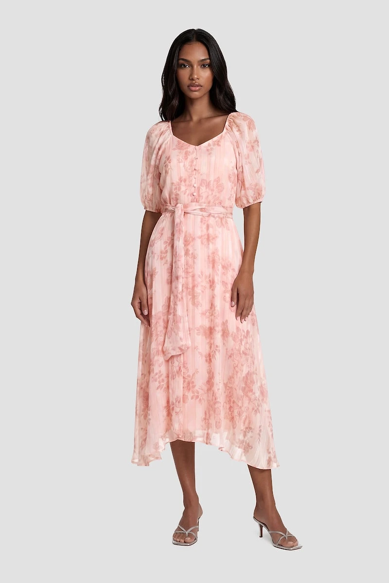 Half Sleeve Flower Print Midi Dress - Pink