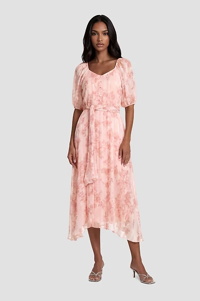 Half Sleeve Flower Print Midi Dress - Pink