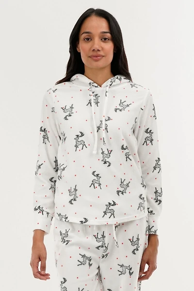 Canada Weather Gear Reindeer Print Hooded Pajama Top - White