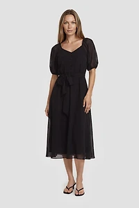 Puff Sleeve Tie-Up Midi Dress