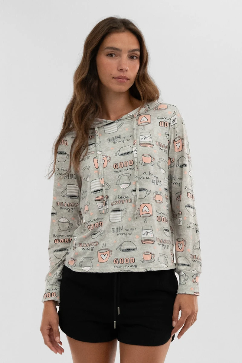 Canada Weather Gear Coffee Print Hooded Pajama Top