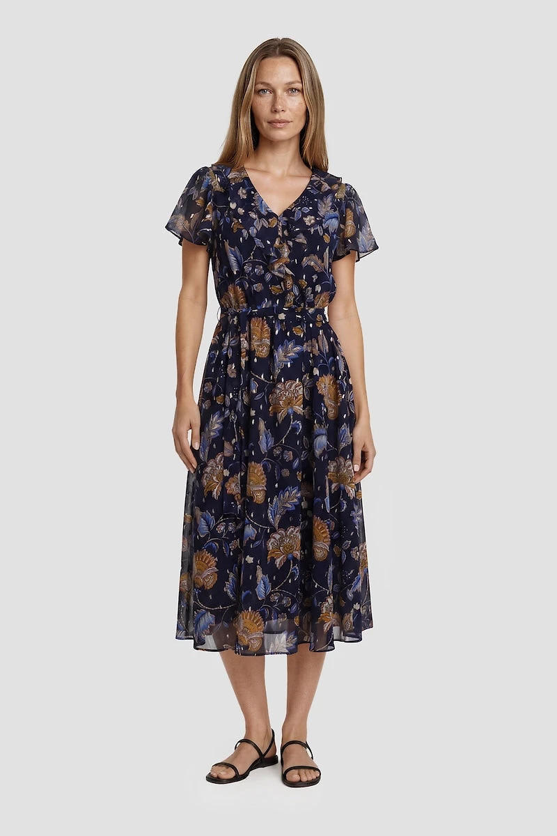 Ruffle Neck Short Sleeve Dress - Navy