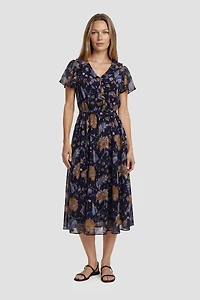 Ruffle Neck Short Sleeve Dress - Navy