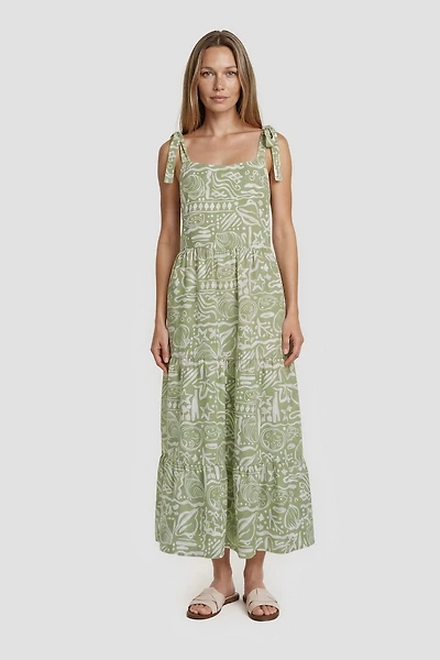 Tie-Up Straps Square Neck Day Dress - Green