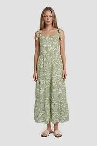 Tie-Up Straps Square Neck Day Dress - Green