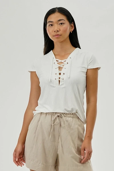 International INC Company Lace Up Short Sleeve Blouse - White