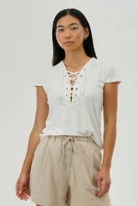 International INC Company Lace Up Short Sleeve Blouse - White
