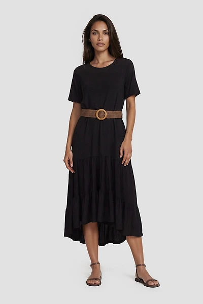 Short Sleeve Midi Dress with Belt