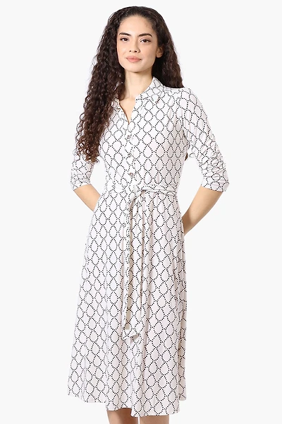 Beechers Brook Patterned Button Up Belted Midi Dress - White