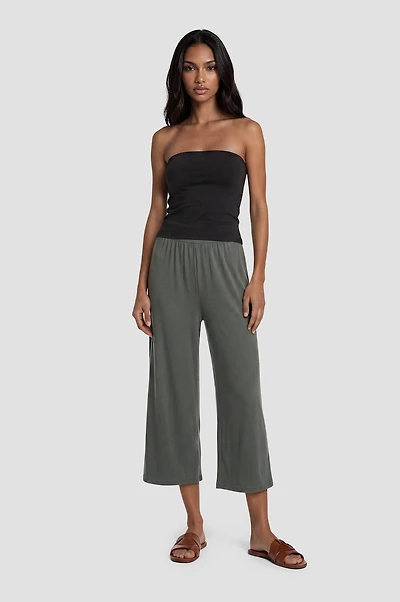 Foldover Wide Leg Cropped Pants - Green