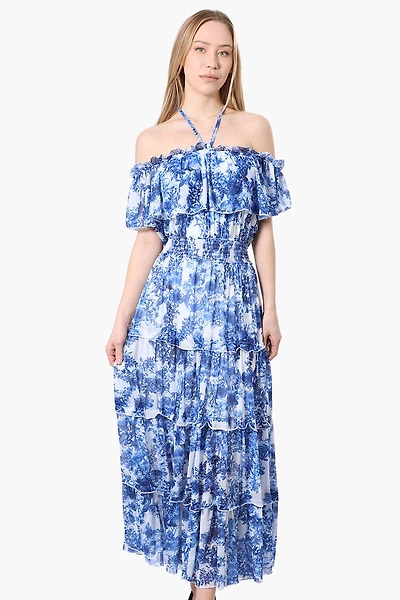 Costa Blanca Leaf Pattern Halter Strap Tiered Maxi Dress - Blue
