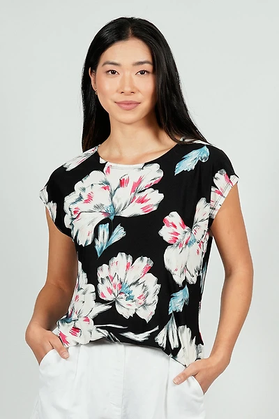 Floral Circle Neck Tee - Black
