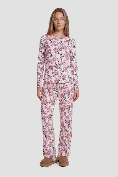 Plant Print Long Pajama Pants - Pink