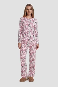 Plant Print Long Pajama Pants - Pink