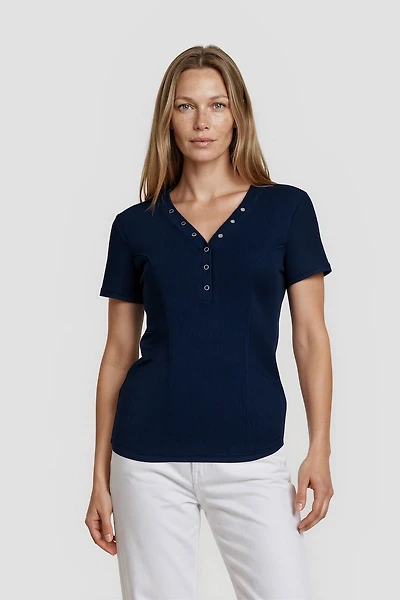 Short Sleeve Top With Snaps - Navy
