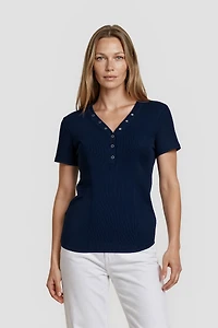 Short Sleeve Top With Snaps - Navy