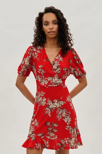 Beechers Brook Floral Crossover Day Dress - Coral
