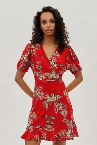 Beechers Brook Floral Crossover Day Dress - Coral