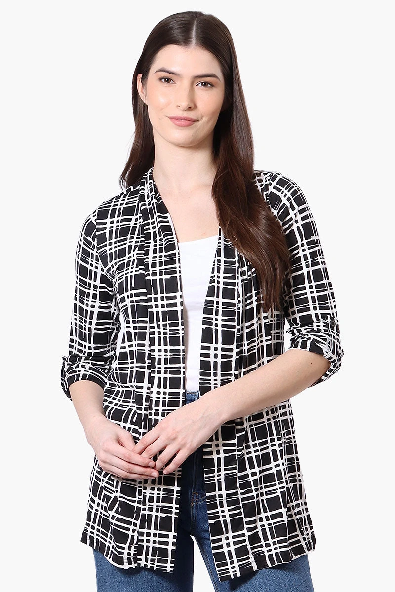 Majora Patterned Roll Up Sleeve Wrap Cardigan - Black