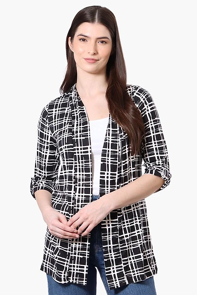 Majora Patterned Roll Up Sleeve Wrap Cardigan - Black