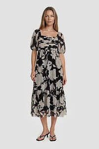 Puff Sleeve Midi Dress - Black
