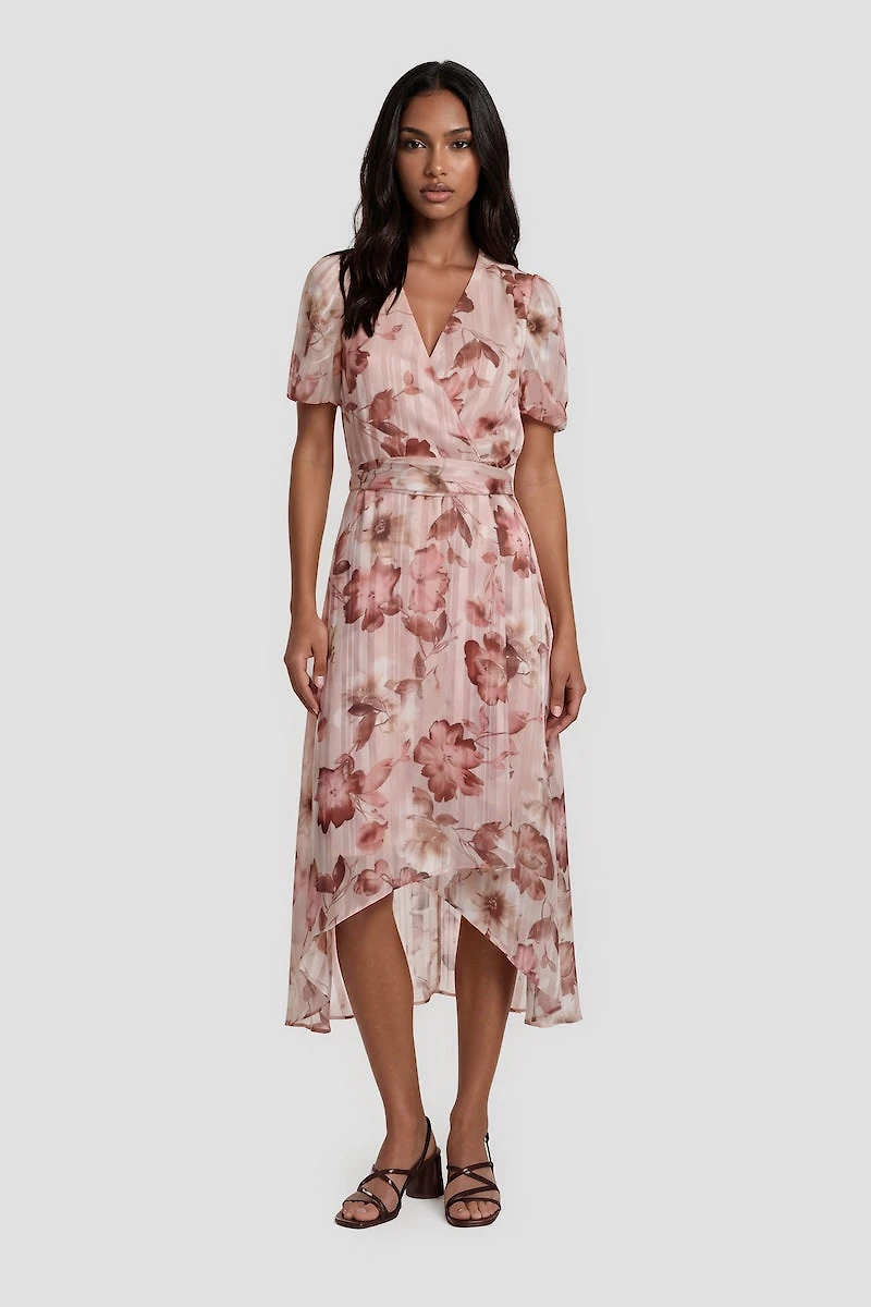 Short Sleeve V Neck Printed Midi Dress