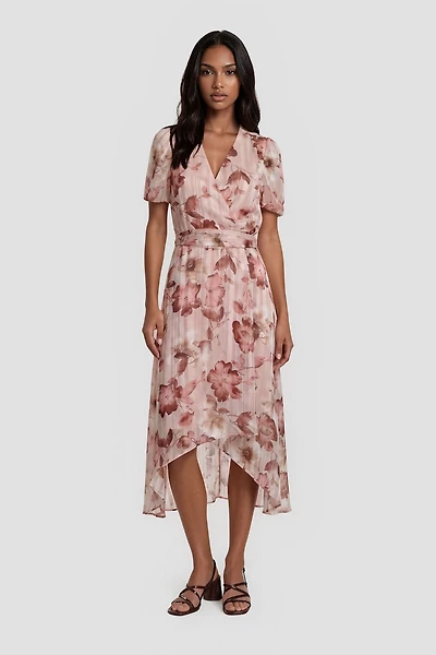 Short Sleeve V Neck Printed Midi Dress