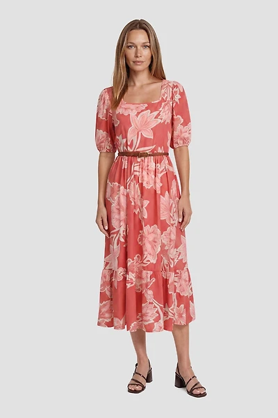 Square Neck Flower Print Midi Dress - Blush