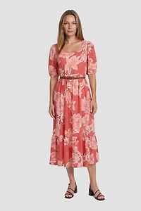 Square Neck Flower Print Midi Dress - Blush