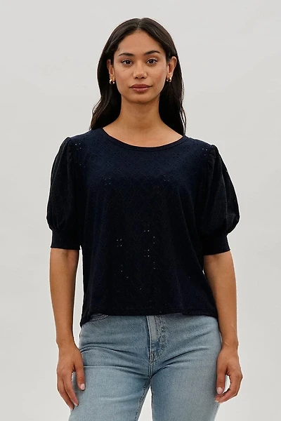 Eyelet Detail Puff Sleeve Blouse - Navy