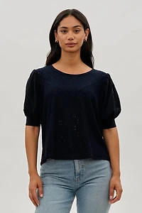 Eyelet Detail Puff Sleeve Blouse - Navy