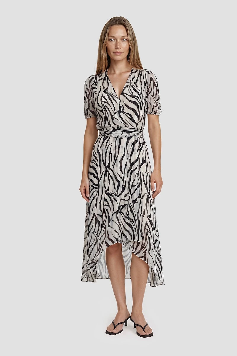 Short Sleeve V Neck Printed Midi Dress - White