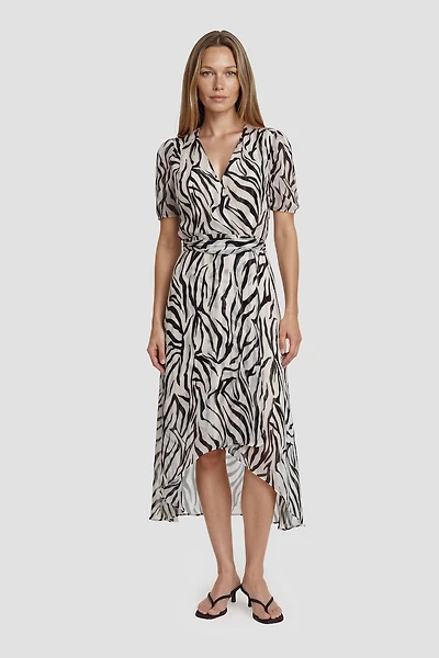 Short Sleeve V Neck Printed Midi Dress - White