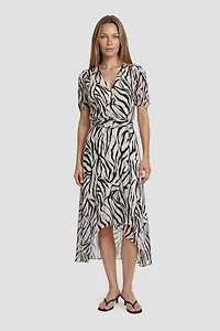 Short Sleeve V Neck Printed Midi Dress - White
