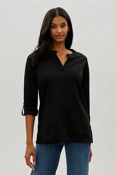 Costa Blanca Split Neck Roll Up Sleeve Blouse