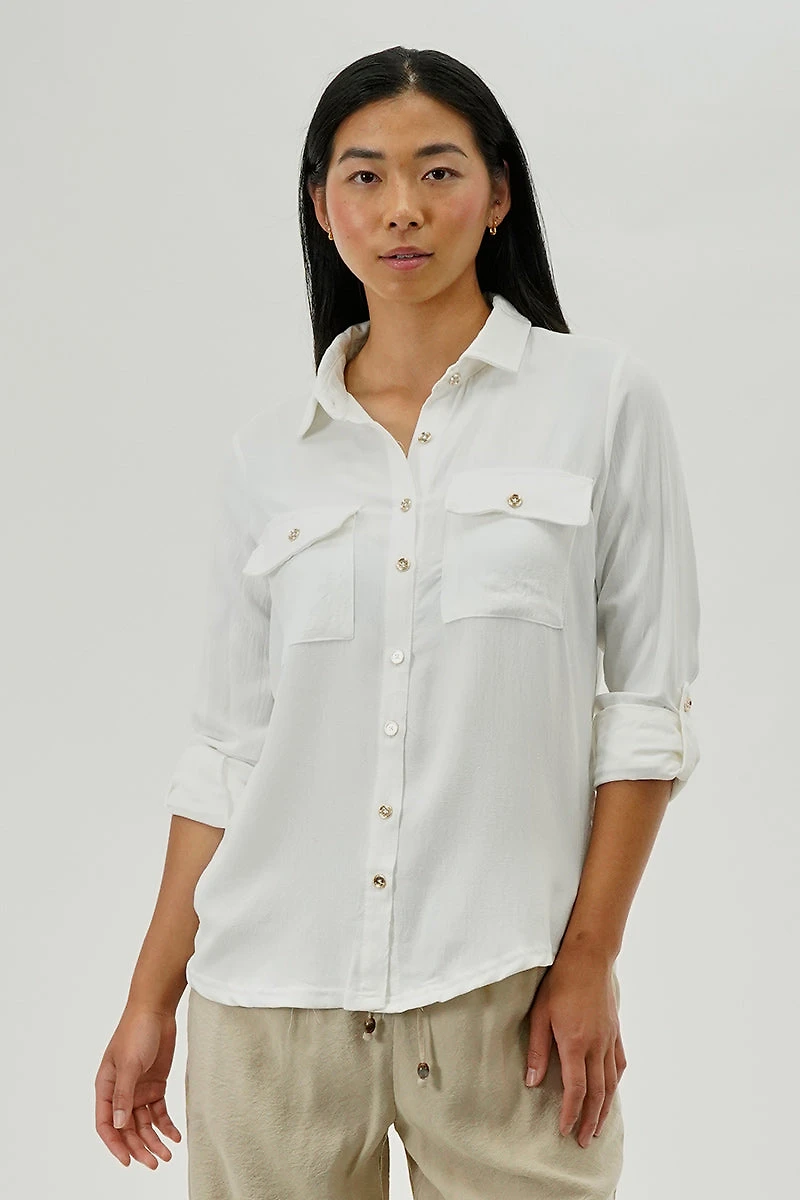 Button Down Utility Pocket Blouse - White