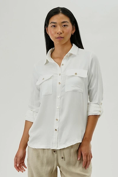 Button Down Utility Pocket Blouse - White