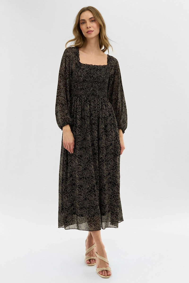 Costa Blanca Floral Long Sleeve Smocked Maxi Dress - Black