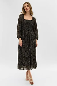 Costa Blanca Floral Long Sleeve Smocked Maxi Dress - Black