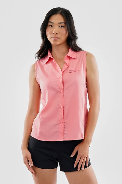 Sleeveless Button Up Collared Shirt - Pink