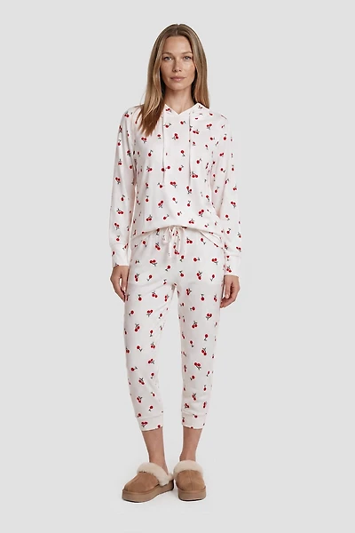 Long Cherry Print Pajama Pants - White