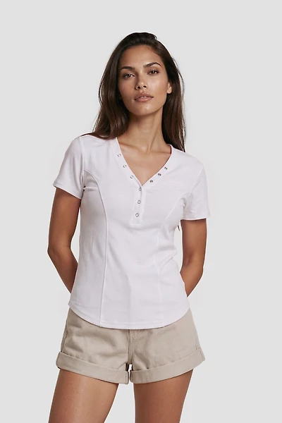 Short Sleeve Top With Snaps - White