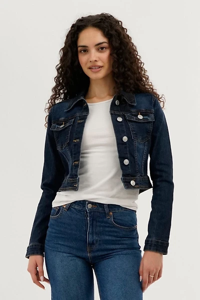 New Look Cropped Button Down Denim Jacket - Navy