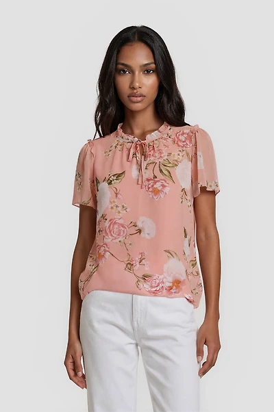 Short Sleeve Ruffle Neck Top - Pink