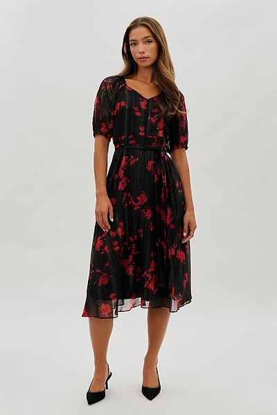 Costa Blanca Floral Puff Sleeve Midi Dress - Black